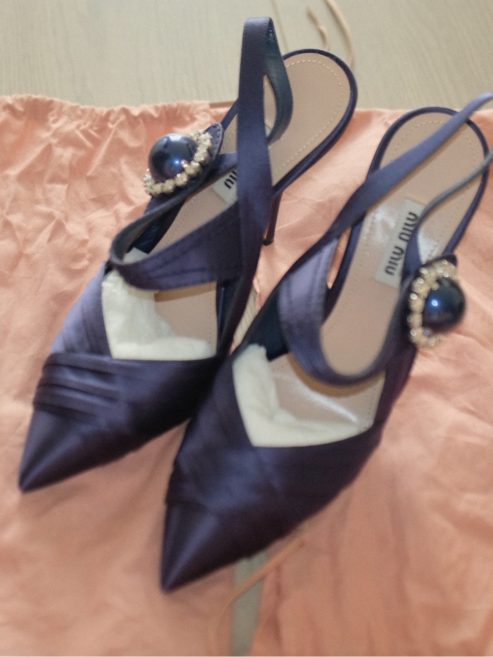 Miu Miu Purple Satin Pointed-Toe Slingback Heels with Jewel Accent